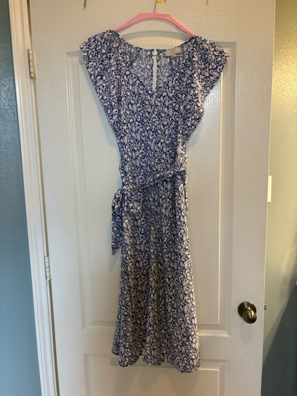 LOFT 10 Petite Blue Floral Dress with Waist Tie - Picture 7 of 16